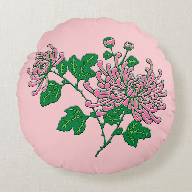 Almofada Redonda Aranha-crisântemas chinesa - rosa-macio (Frente)