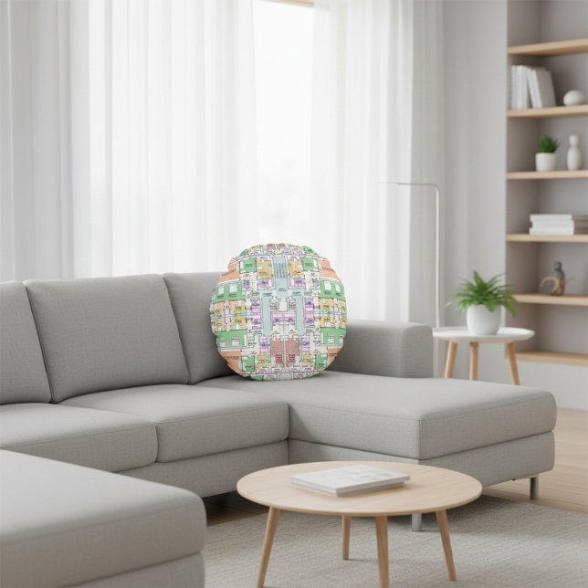 Almofada Redonda Architectural Blueprint Pattern Throw Pillow (Criador carregado)