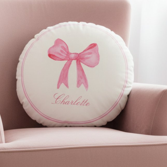 Almofada Redonda Arco cor-de-rosa (cute sweet pink bow round pillow for girly coquette home decor, great gift for teen girls)