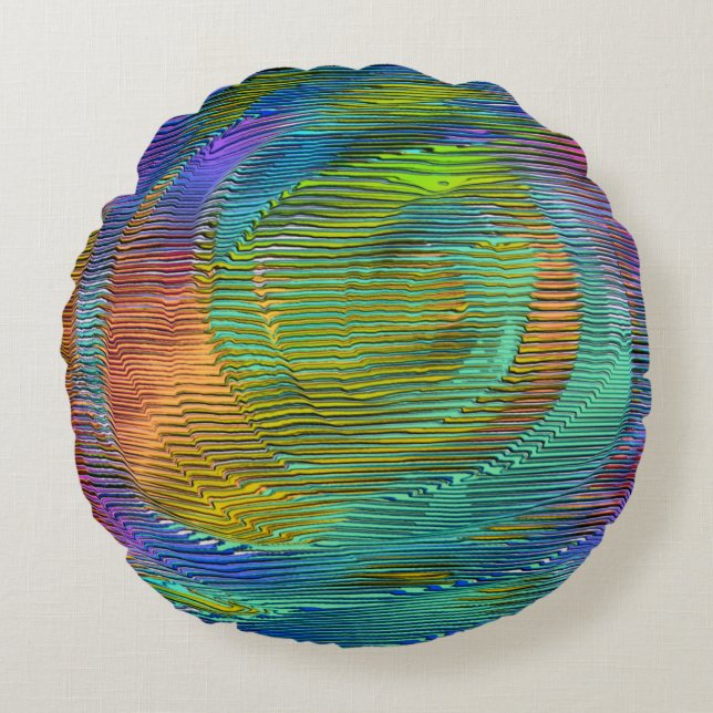 Almofada Redonda Arco-Íris Espiral com alivios e listras confusas (Frente)