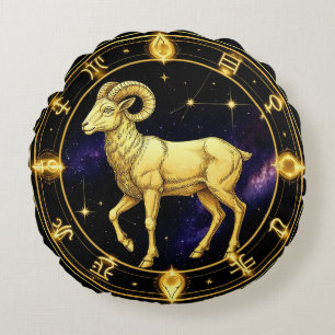 Almofada Redonda Áries Dourado Círculo Zodiacal Com Carneiro
