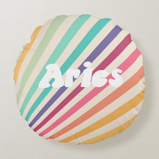 Almofada Redonda Aries Retro Arco-Íris Astrologia Zodiac (Frente)