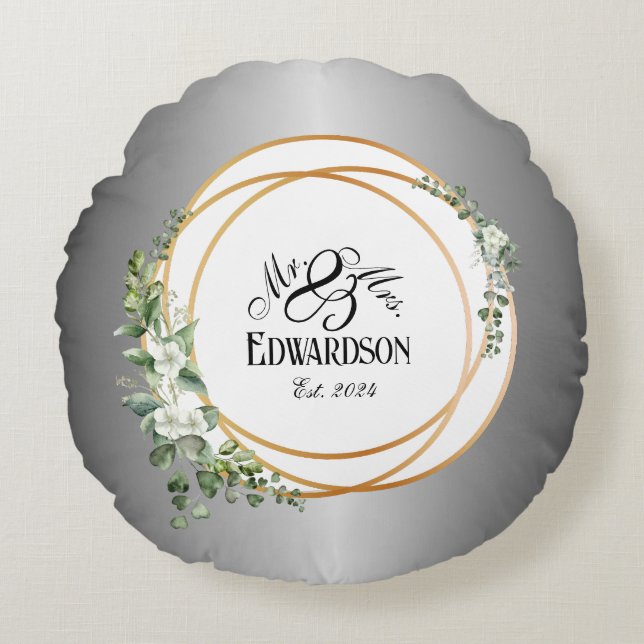 Almofada Redonda Aromas Românticos Anéis Dourados & Florais de Aniv (Frente)