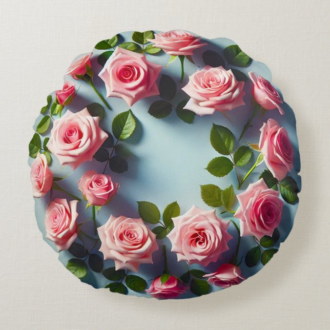 Almofada Redonda Arranjo Circular Elegante de Rosas Rosa (Frente)