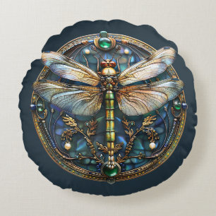Almofada Redonda Art Deco Dragonfly Pearls Emeralds Turquoise Gold