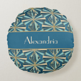 Almofada Redonda Art Deco Geometric Gold, Blue & Teal Luxury Glam