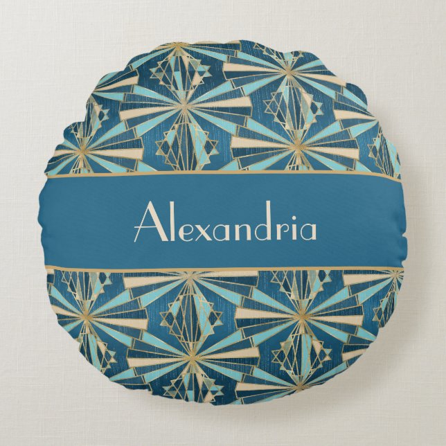 Almofada Redonda Art Deco Geometric Gold, Blue & Teal Luxury Glam (Frente)