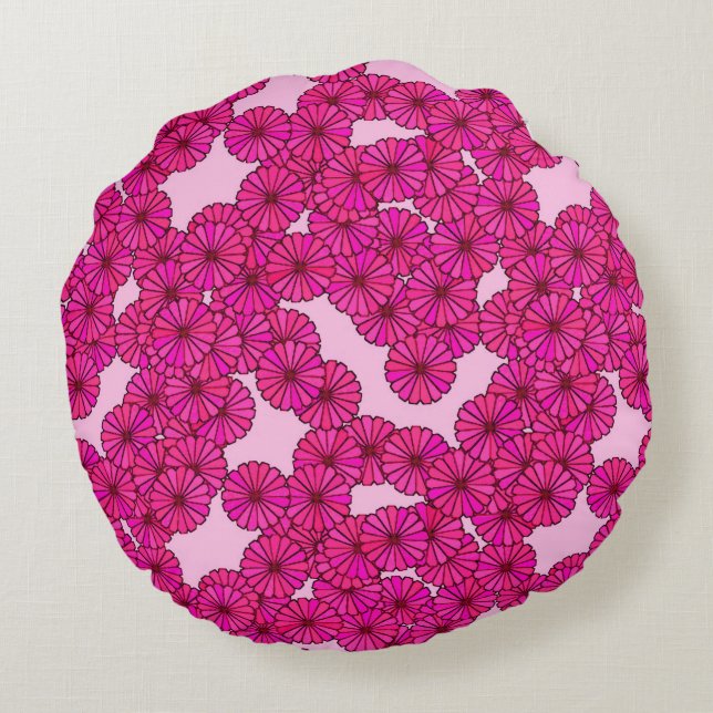 Almofada Redonda Art Deco - padrão de flores - magenta a rosa (Verso)