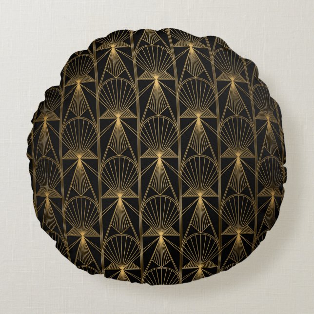 Almofada Redonda Art Deco Pattern. Seamless black and gold backgrou (Frente)