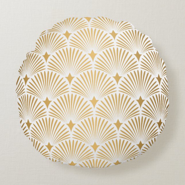 Almofada Redonda Art Deco Pattern. Serralheiro branco e dourado (Frente)