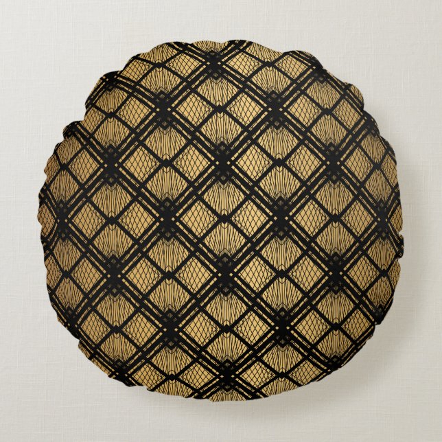 Almofada Redonda Art Deco Pattern. Serralheiro preto sem costura e  (Frente)