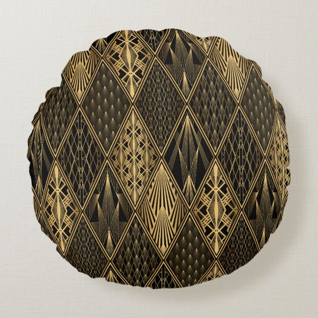 Almofada Redonda Art Deco Pattern. Serralheiro preto sem costura e  (Frente)