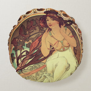 Almofada Redonda Art nouveau Alphonse Mucha elegante vintage mulher