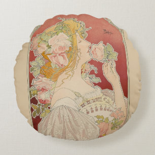 Almofada Redonda Art Nouveau Belle Époque Senhorita Rosas Livemont