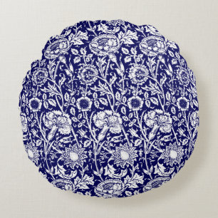 Almofada Redonda Art Nouveau Cravo Damasco, Azul Marinho e Branco