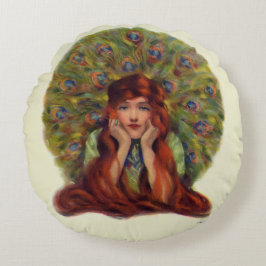 Almofada Redonda Art nouveau deco elegante mulher, penas de pavão