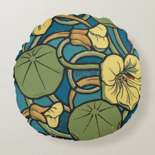 Almofada Redonda Art Nouveau Nasturtium Azul Dourado floral Verneui