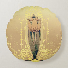 Almofada Redonda Art nouveau tulipa floral rosa e ouro elegante
