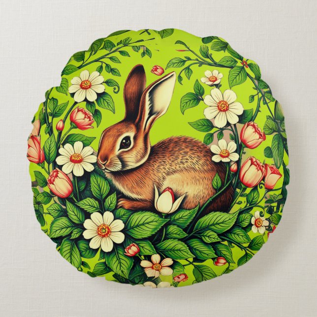 Almofada Redonda Art Nouveau Wild Rabbit and Flowers (Frente)