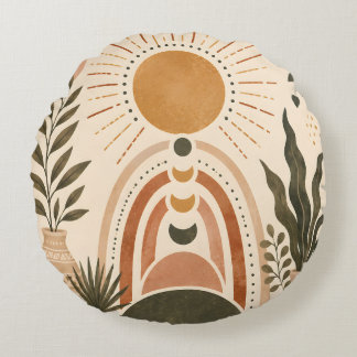 Almofada Redonda Arte Botânica e Sol Boho
