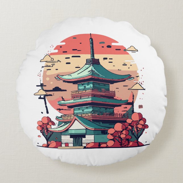 Almofada Redonda Arte Colorida do Edifício Japão (Frente)