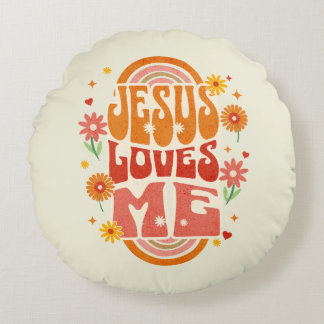 Almofada Redonda Arte Cristã Retro “Jesus Me Ama” – Fé Groovy