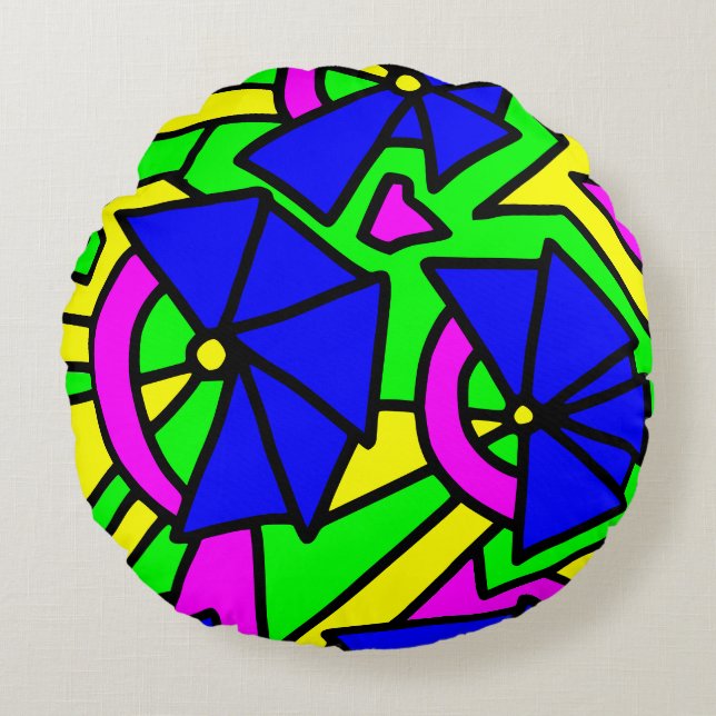 Almofada Redonda Arte de Arroz Azul Flores (Frente)