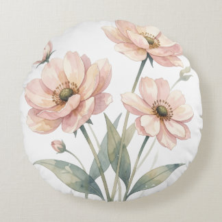Almofada Redonda Arte de Buquê de Aquarela Floral Rosa Suave