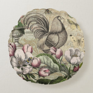 Almofada Redonda Arte de Colagem de Jardim com Galo Vintage: País F
