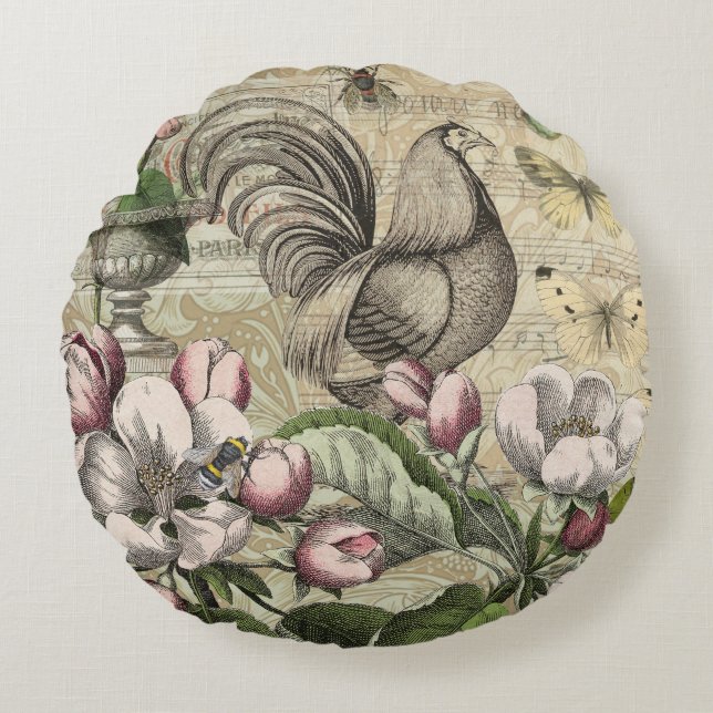 Almofada Redonda Arte de Colagem de Jardim com Galo Vintage: País F (Frente)