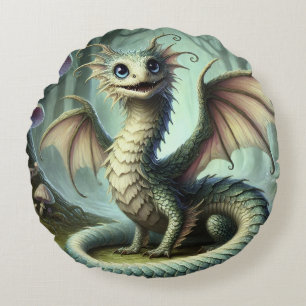 Almofada Redonda Arte de Fantasia de Criatura Fofa do Jabberwocky d