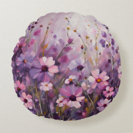 Almofada Redonda Arte de Flor Roxa e Rosa