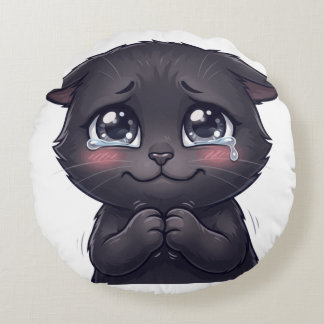 Almofada Redonda Arte de Parede em Tela de Gato Preto Chorando Fofo