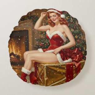 Almofada Redonda Arte de Pin-up Papais noeis de Vintage