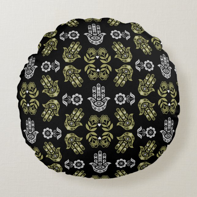 Almofada Redonda Arte de Proteção da Mão Hamsa (Frente)