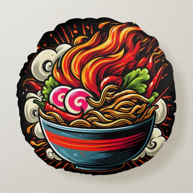 Almofada Redonda Arte de Rua de Ramen Japonês Apimentado (Frente)