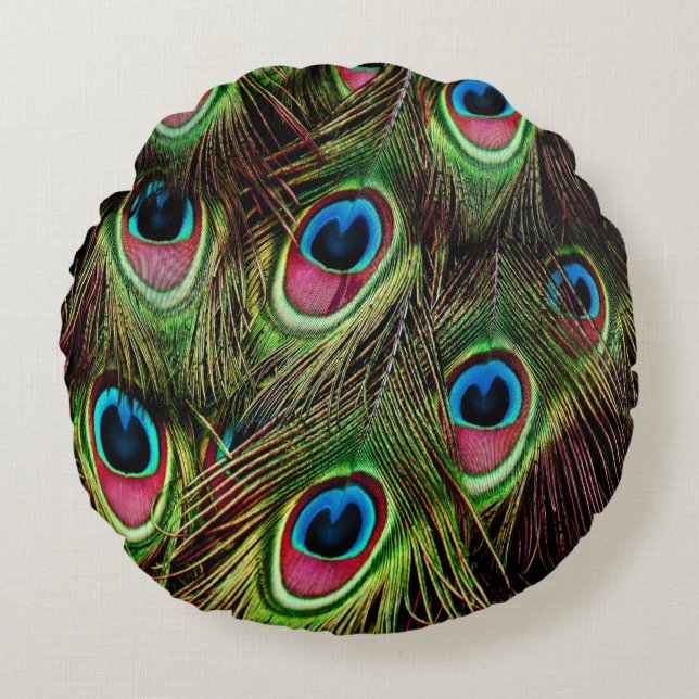 Almofada Redonda arte deco tee green turquoise paciock feather (Frente)