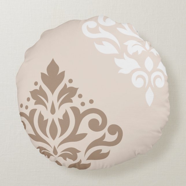 Almofada Redonda Arte do damasco do rolo eu ilumino o Taupe & o (Verso)