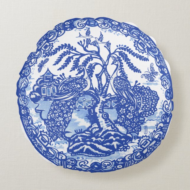 Almofada Redonda Arte do Templo Asiático da Ilha de Peacock Willow (Frente)
