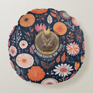 Almofada Redonda Arte Floral Escuro Gato Real Padrão Aristocrata