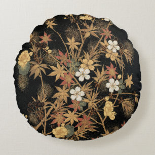 Almofada Redonda Arte Floral Outonal em Preto e Dourado Japonês Vin