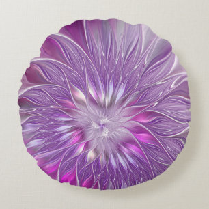 Almofada Redonda Arte Fractal Abstrato Flor Paixão Roxo Rosa