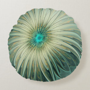 Almofada Redonda Arte fractal de flor de fantasia em verde sage abs