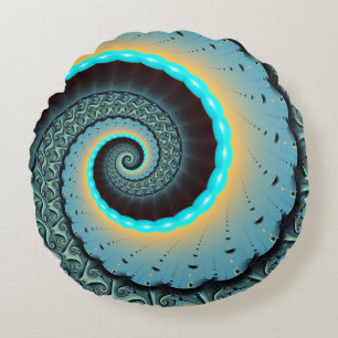 Almofada Redonda Arte Fractal Espiral Azul Turquesa Laranja Abstrat