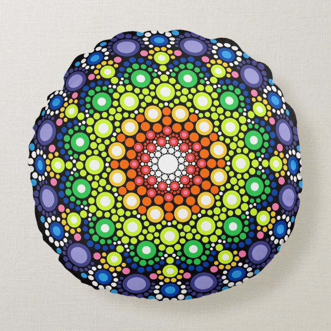 Almofada Redonda Arte Fractal Floral Dotada Retro Mandala (Frente)