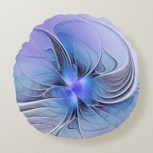 Almofada Redonda Arte fractal moderna abstrata lavanda azul