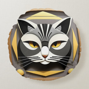 Almofada Redonda Arte Geométrica de um Gato Estilizado Desenho Abst
