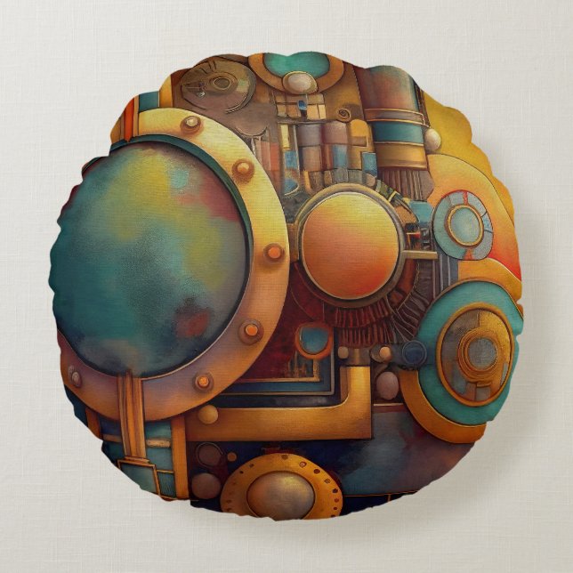 Almofada Redonda Arte Geométrica Industrial Steampunk (Frente)