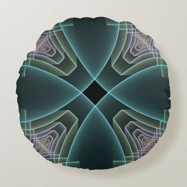 Almofada Redonda Arte Gráfica Geométrica Fractal Azul Moderno (Frente)