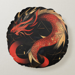 Almofada Redonda Arte Majestosa Vermelha e Dourada do Dragão Chinês